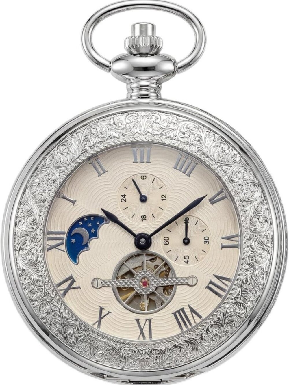 Antique Silver Mechanical Pocket Watch for Men with Chain, Vintage Wind-Up Style